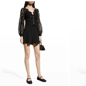 NWT $350 Self-Portrait Floral Guipure Puff-Sleeve Blouse in Black- size 10!